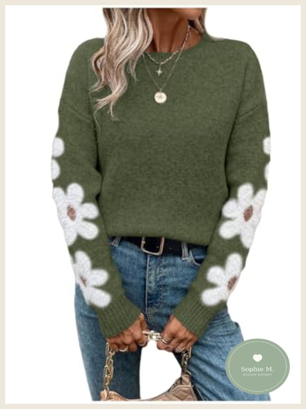 Floral Crewneck Long Sleeve Drop Shoulder Sweater Pullover